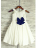 Ivory Cotton Simple Flower Girl Dress With Navy Blue Bow